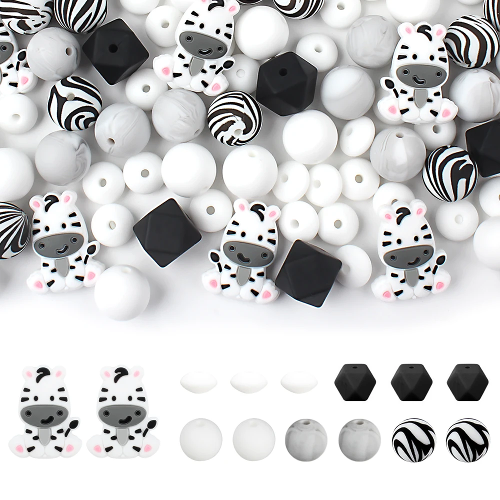 30pcs/Set Zebra Silicone Beads Cartoon Animal Focal Bead Printed Round Loose Beads For Jewelry Making DIY Beaded Pen Crafts