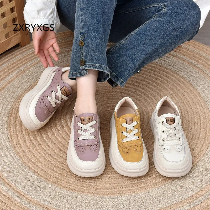 ZXRYXGS  2025 Spring Summer New Trendy Genuine Leather Hollow Breathable Sneakers Flat Thick Sole Elevator Sneakers Casual Shoes