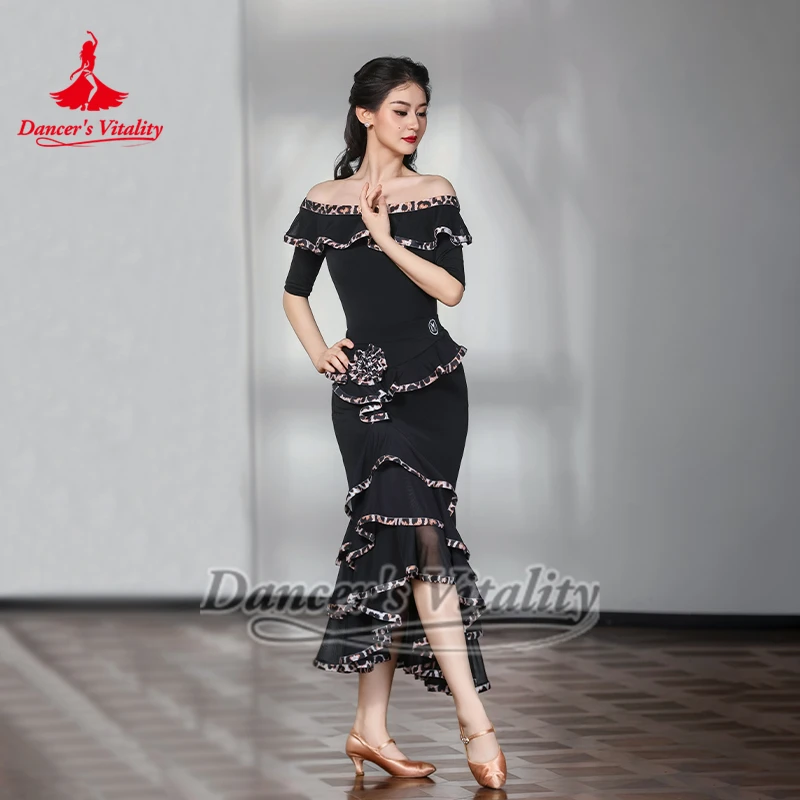 

Одежда для бальных танцев для взрослых с леопардовым принтом, юбка для выступлений в стиле самбы, вальса, румбы, современный танцевальный тренировочный комплект, жизненное количество танцоров