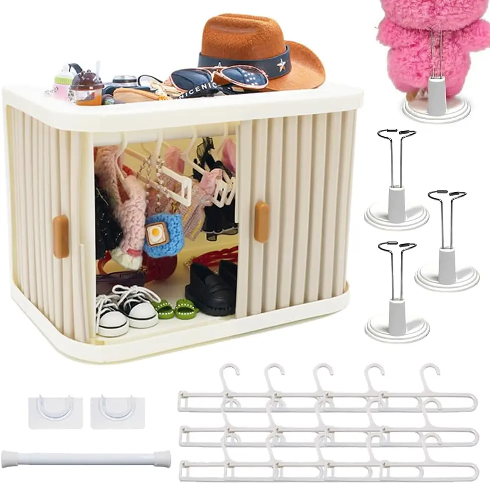 

Складной шкаф для кукол с 15 вешалками, штангой и подставками - Органайзер с раздвижными дверцами для демонстрации