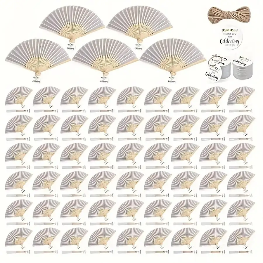 1/5/10/20/50/100pcs Bohemian Style White Handheld Folding Fans, Including s Jute Twine And s Tags And s Fans - Perfect for Weddi