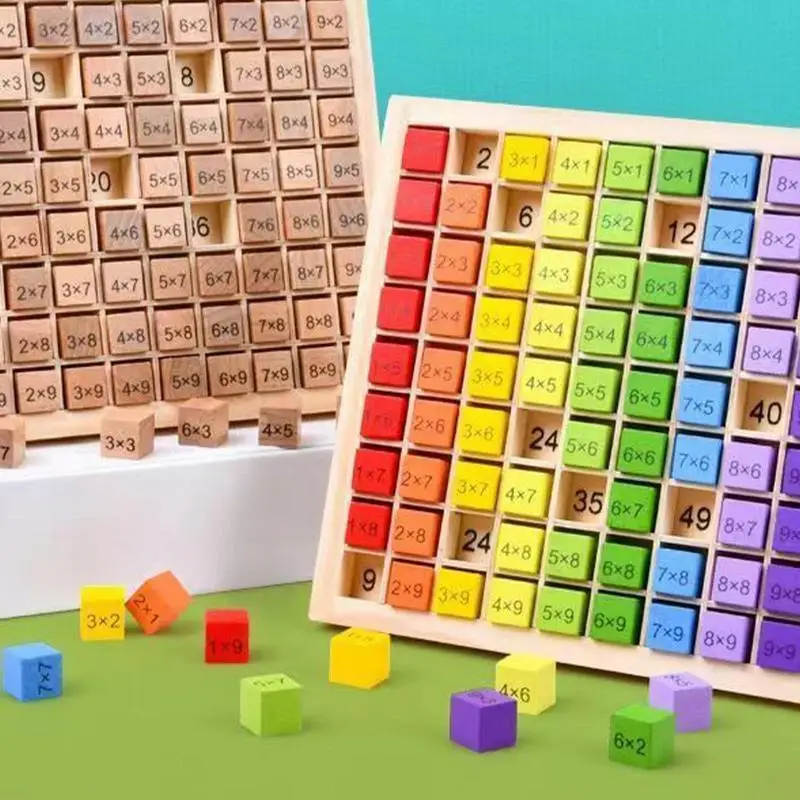 Juego de mesa de multiplicación de madera, manipuladores de multiplicación coloridos, juguete de doble cara, 100 bloques de madera, tiempos matemáticos de madera