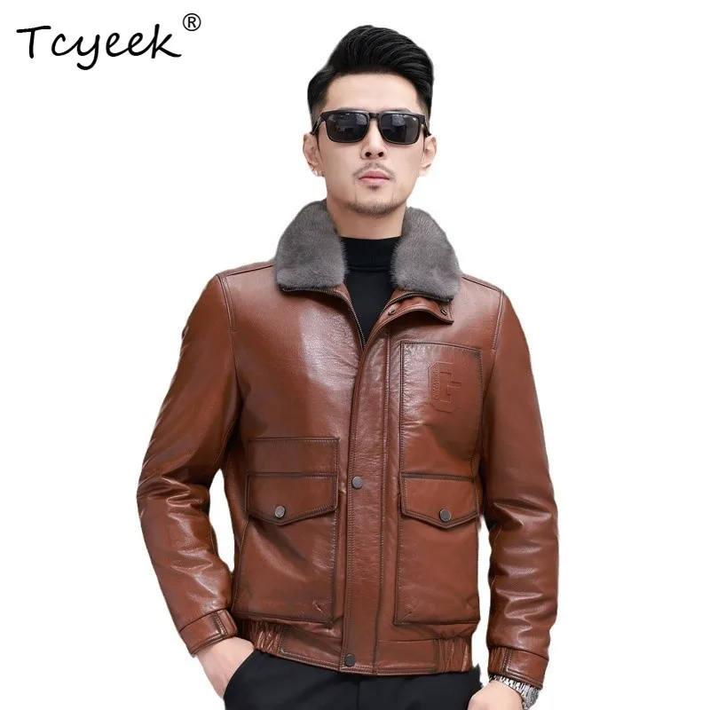 

Tcyeek Top Layer Cowskin Autumn Winter Lapel Detachable Mink Fur Collar Liner Men's Genuine Leather Jacket Jaquetas Masculino