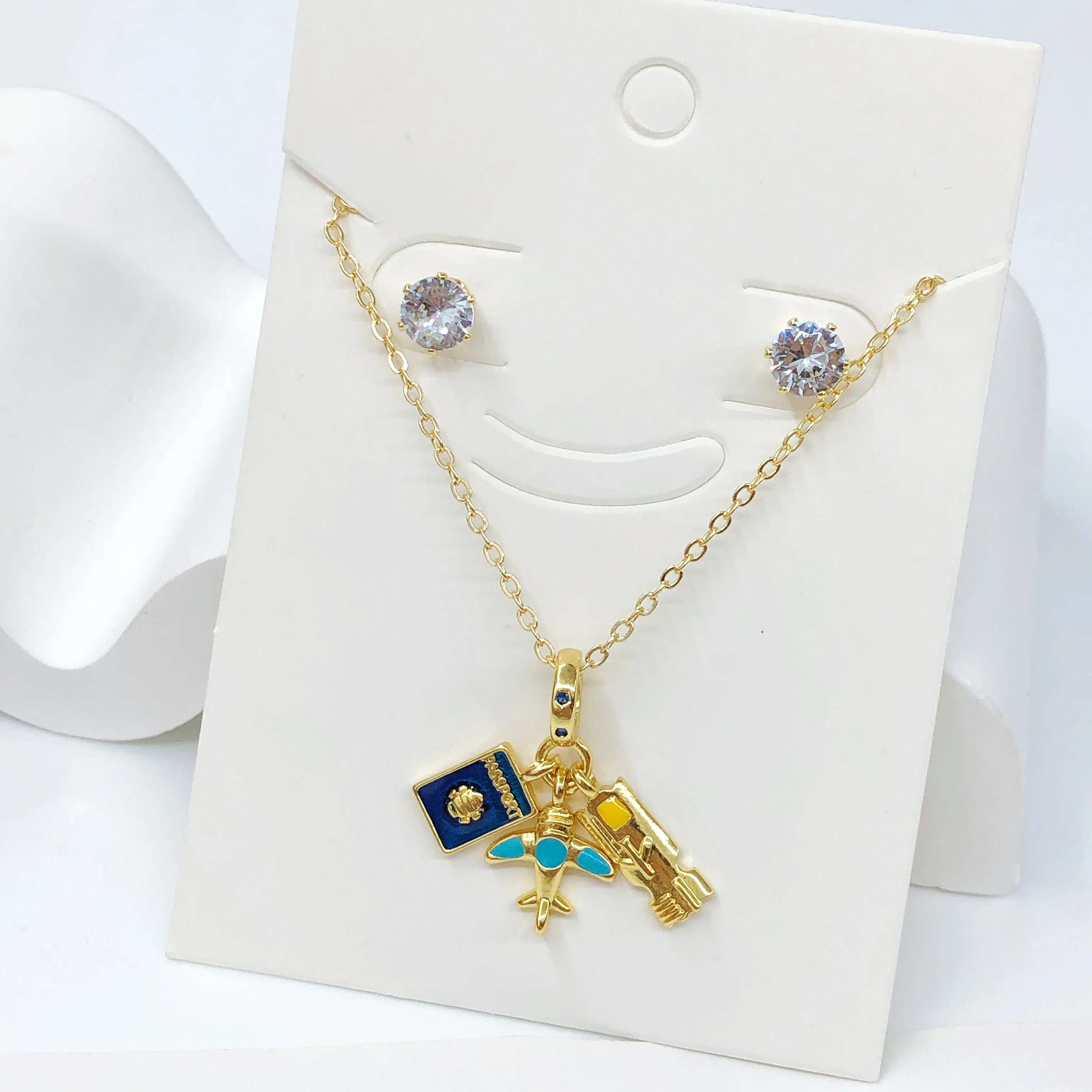 9-Style Gold-Plated Telescope Airplane Camera Pendant Collection Travel Jewelry Set Necklace Earrings for Women Vacation Jewelry