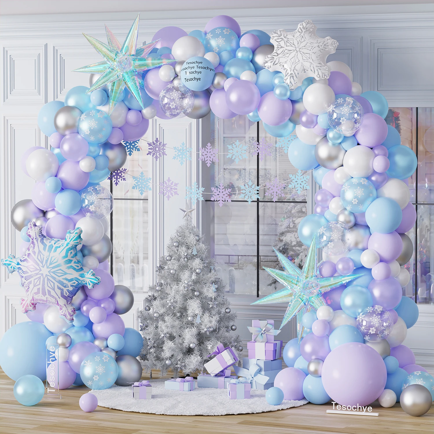 

159 PCS Snowflake Balloon Garland Arch Kit Blue Purple Balloon for Princess Winter Ice Snow Birthday Christmas Party Decor