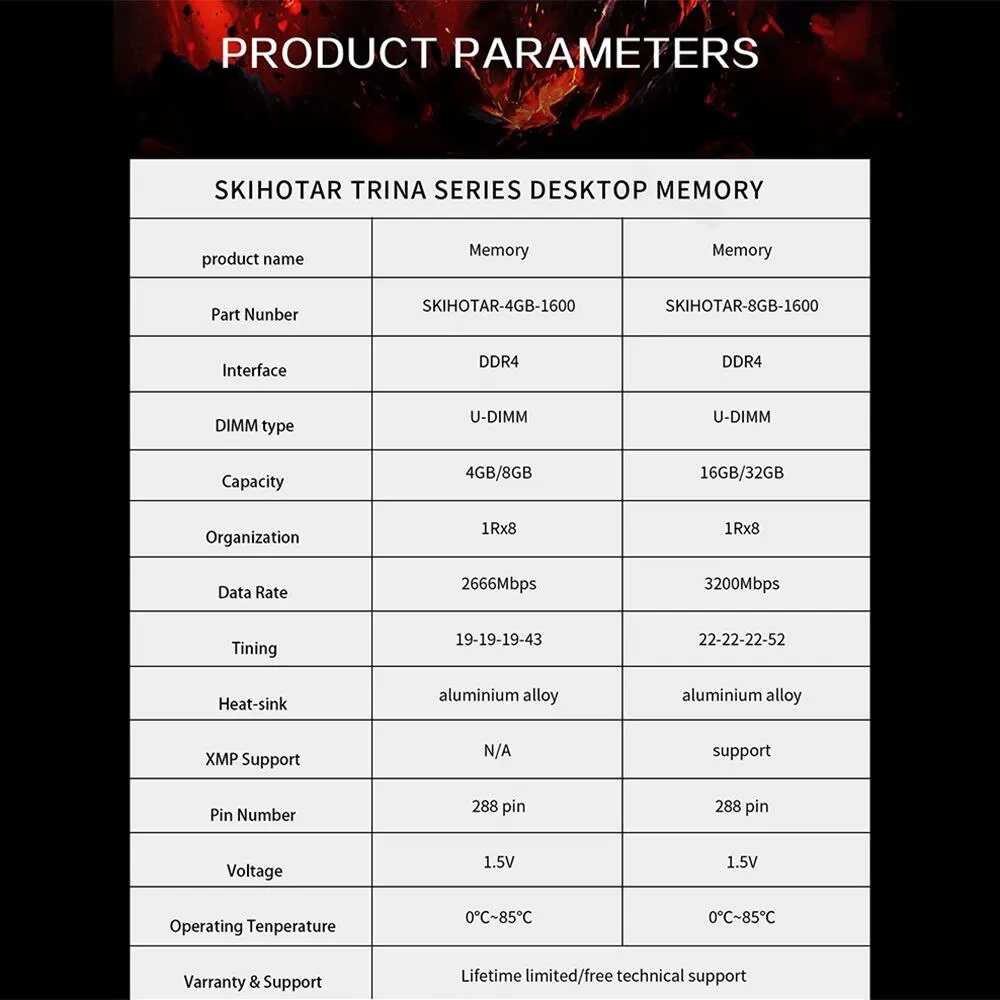 SKIHOTAR DDR4 Desktop Ram 16GB 8GB 2666MHZ 3200MHz Desktop Gaming Memory Support Motherboard DDR4 Memory