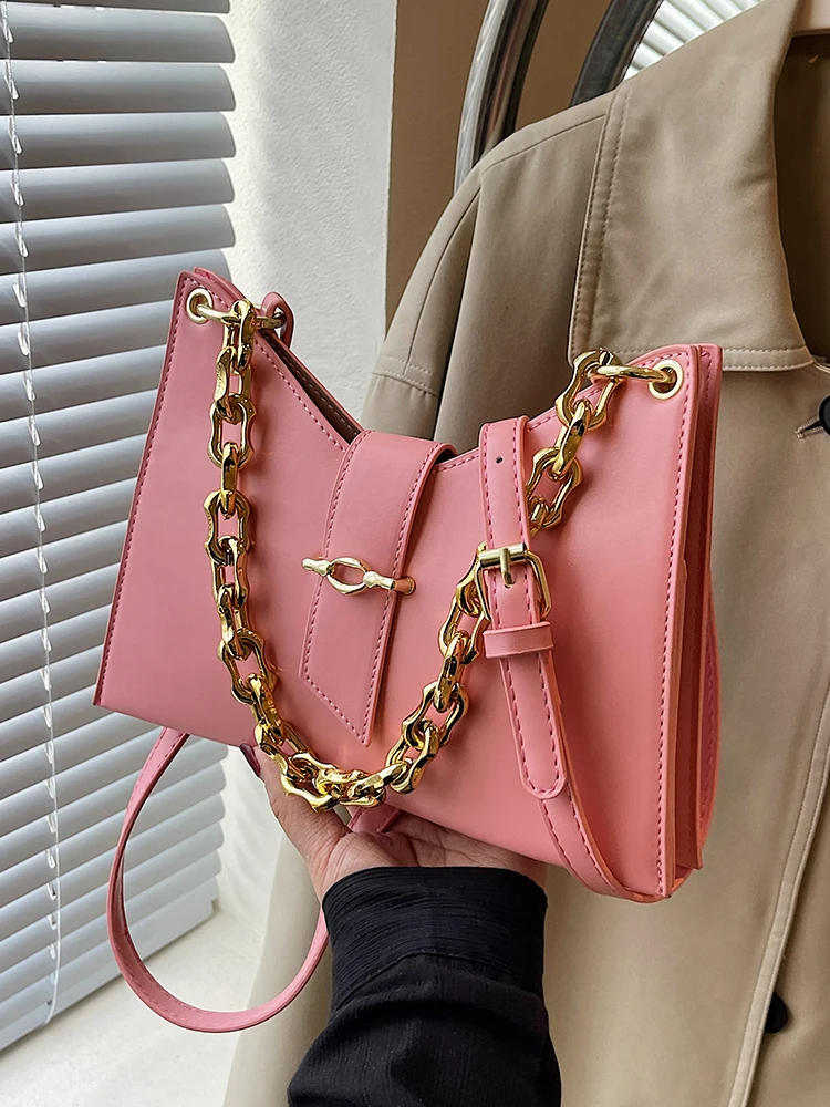 Fashion Versatile Thick Chain Small Bag Women's 2024  Spring/Summer Trend Personalized Simple Shoulder Bag Simple Commuting Bag