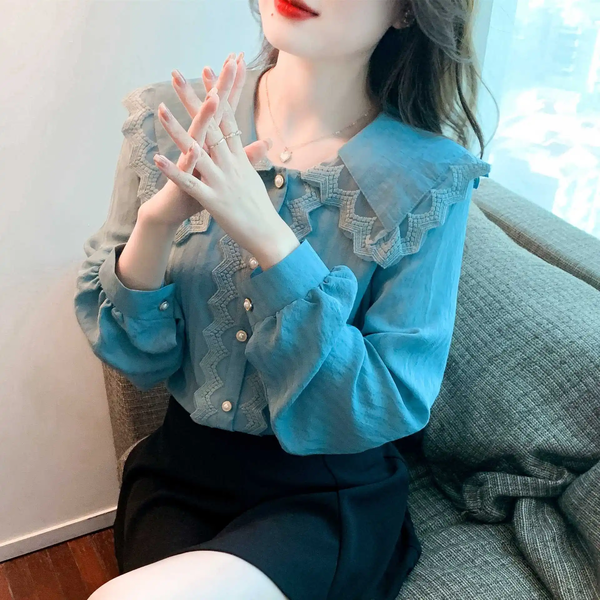 

Весенний новый европейский кукольный воротник, шифоновый идлинный женский длинный све, полиэфирное волокно, чистый цвет, модный для поездок на работу