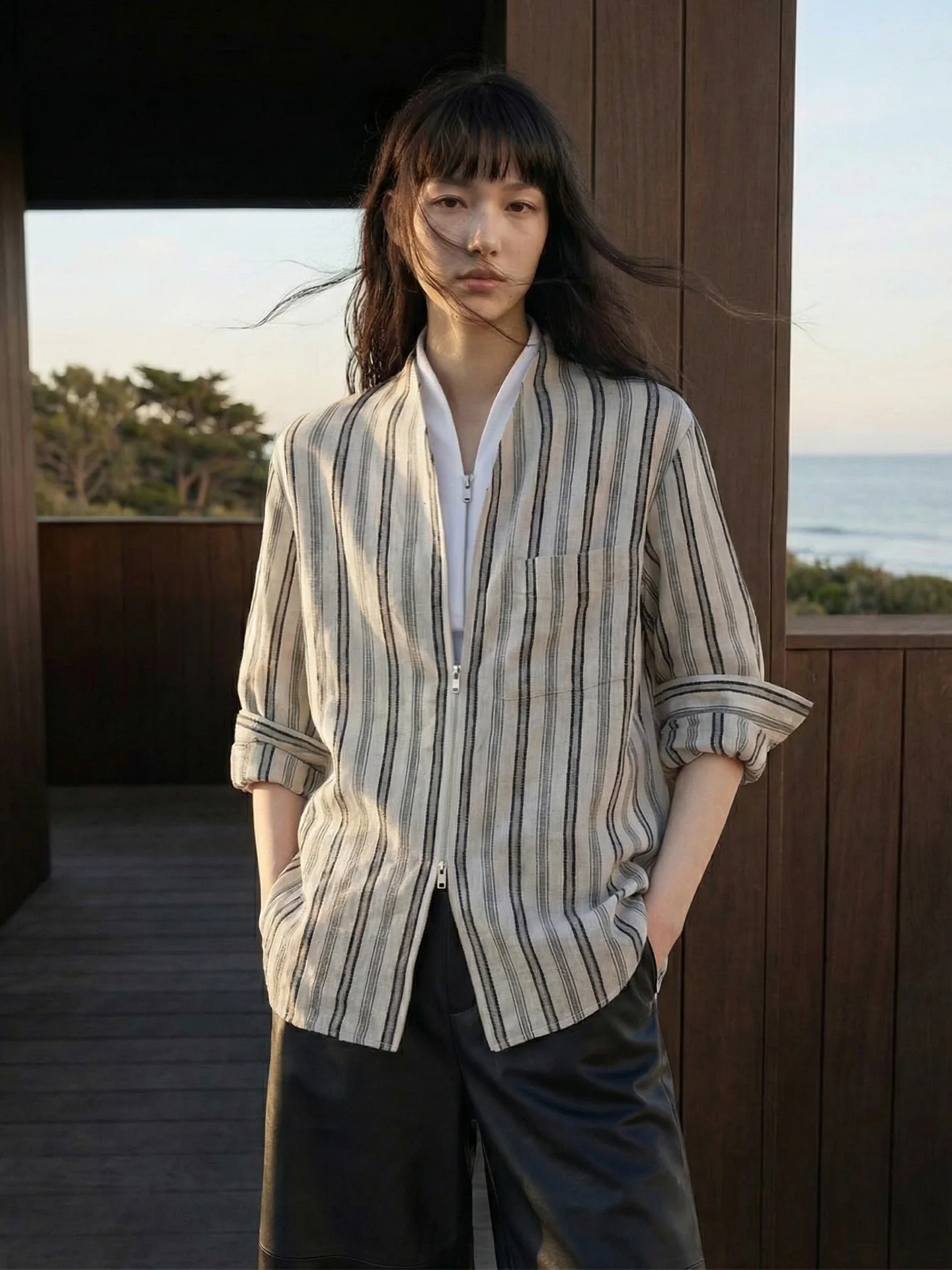 

Повседневная женская рубашка с эффектом льна, на молнии, с вертикальными полосками, из весенней коллекции, удобная, дышащая, с длинным рукавом