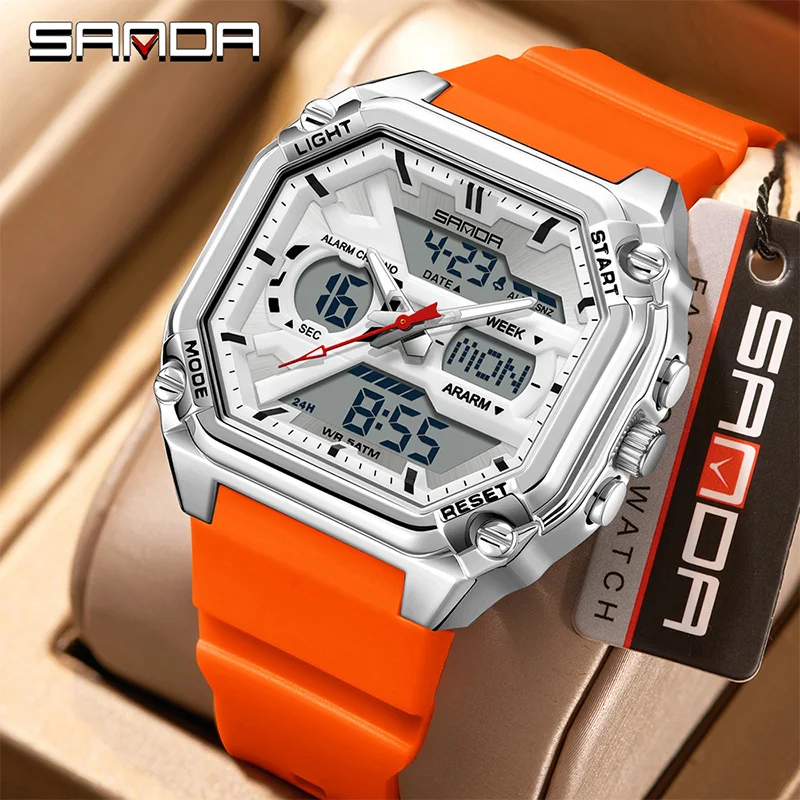 

SANDA 6325dual movement men's square dual display luminous waterproof quartz electronic watch alarm clock stopwatch sports watch