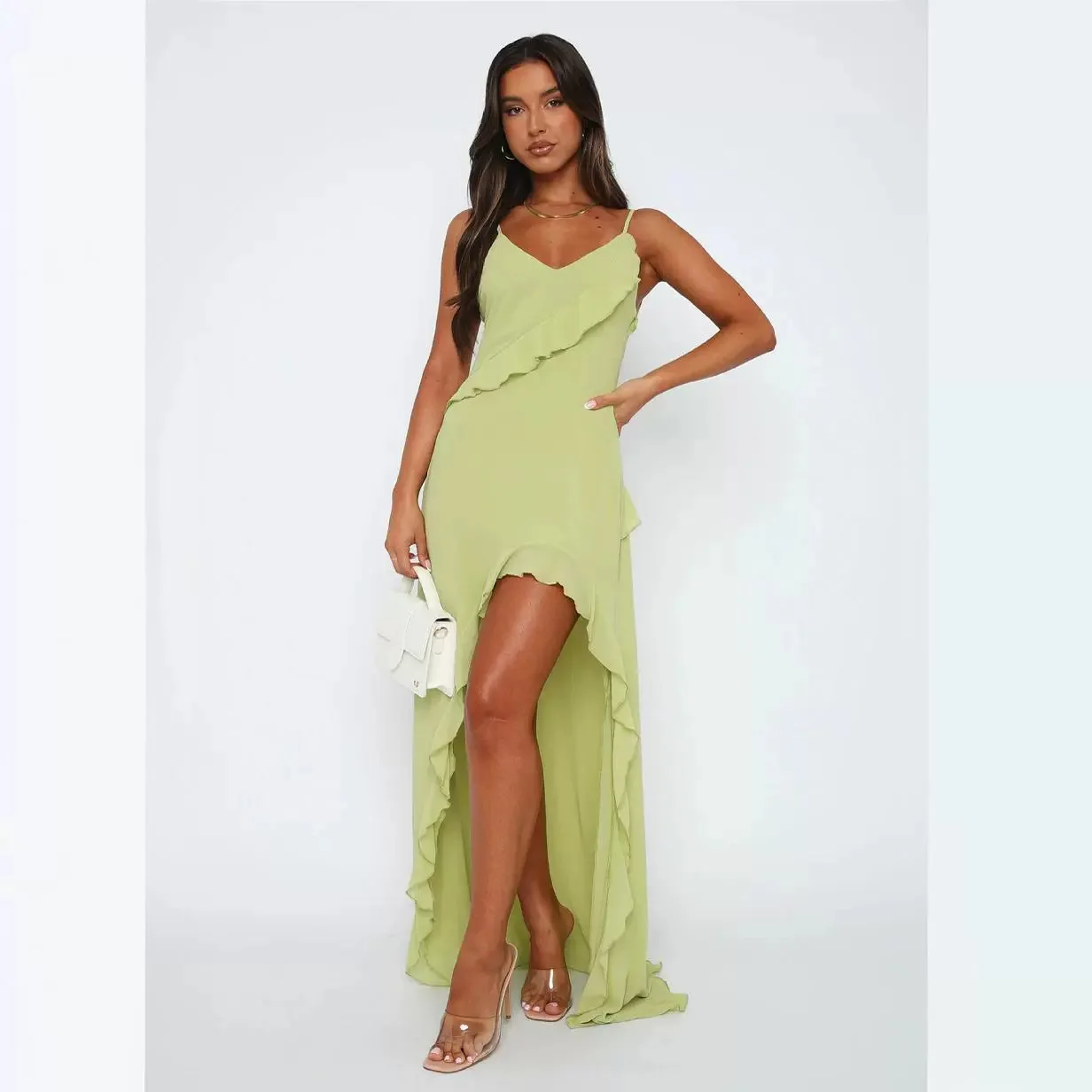 

Летнее платье 2025 года, без рукавов, с V-образным вырезом, рюшами и высокой талией, юбка-бретелька