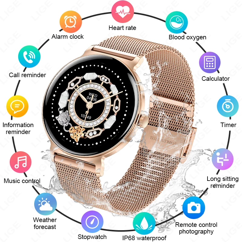 

LIGE Ultra-thin Smart Watch Ladies Bluetooth Call Custom Dial Sport Heart Rate Health Tracking Watch Waterproof Women Smartwatch