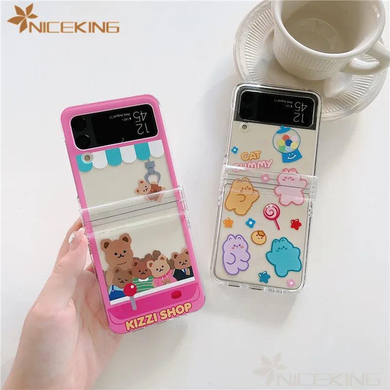 Cute Cartoon Bear Phone Case For Samsung Galaxy Z Flip 6 5 4 3 5G Luxury Hard Plastic PC 3 in 1 Back Cover For Samsung Z Flip5