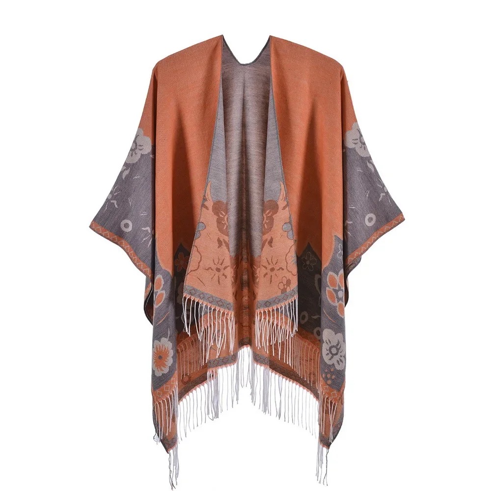 

2024 Autumn Winter New Women Cape Tassel Floret Fashion Increased Warmth Split Cape Imitation Cashmere Ponchos P2