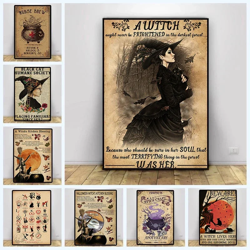 Gifts Witchery Vintage Witches Magic Knowledge Poster Cat Girl Painting Wall Art Home Decoration Kawaii Room Decor Canvas Poster