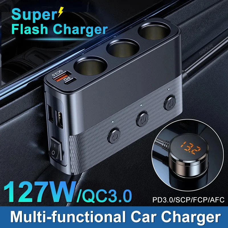 Multifunktions-Autoladegerät 127W Super-Flash-Autoladegerät Zigarettenanzünder-Konverter-Adapter QC3.0 Multi-Port-Schnellladegerät