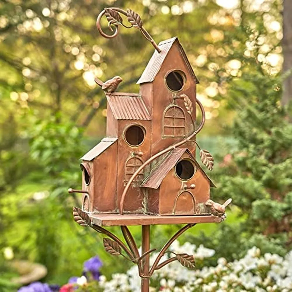 Large Copper Colored Multi Birdhouse Stakes Room for 4 Bird Families in Each (Castle Home)