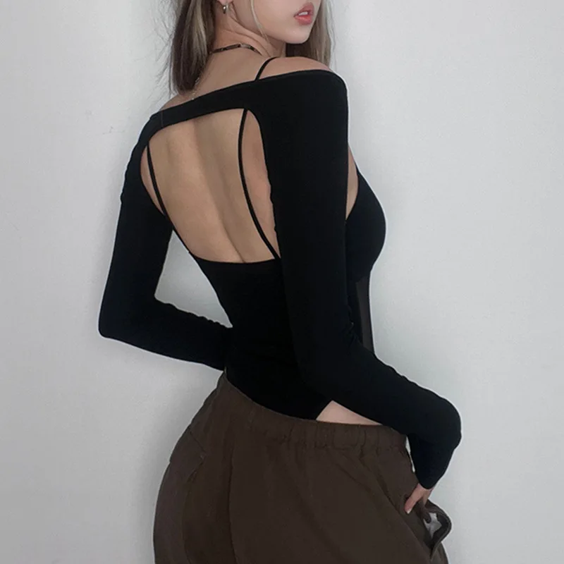 Body ajouré Sexy pour femme, maille putaissure, dos nu, manches longues, col haut, Chic, slim, Clubwear, pana