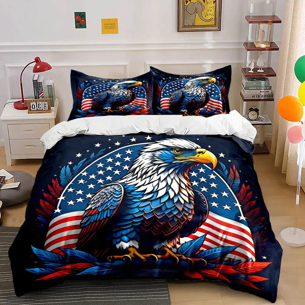 Bald eagle with American flag backdrop Duvet Cover Set with 3D Printing Design Soft Polyester Bedding Set All-Season Comfort
