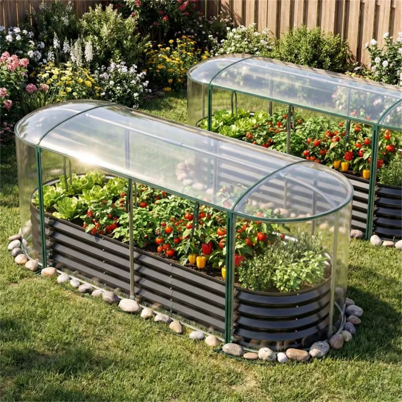 3 year-round elevated garden planting beds, galvanized steel planters, tempered glass, PE greenhouse cover film