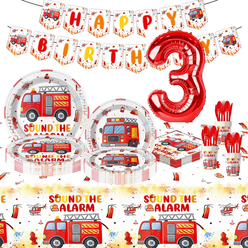 Camion de pompiers fournitures de fête vaisselle assiettes serviettes tasse nappe bannière enfants garçons pompiers pompier décoration de fête d'anniversaire