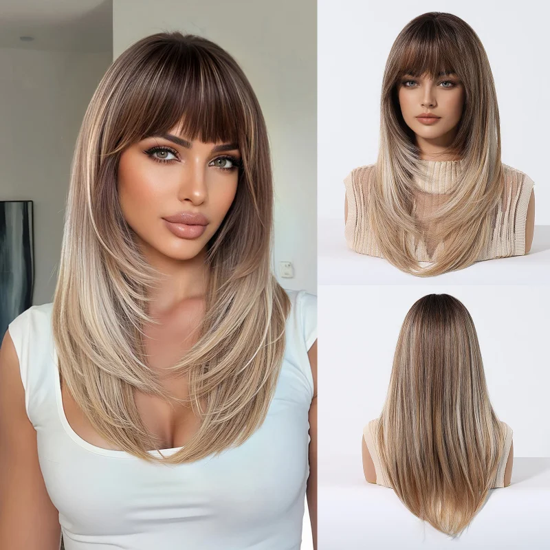 

New wig with air bangs, layered and stylish, black-brown long straight synthetic hair full headpiece