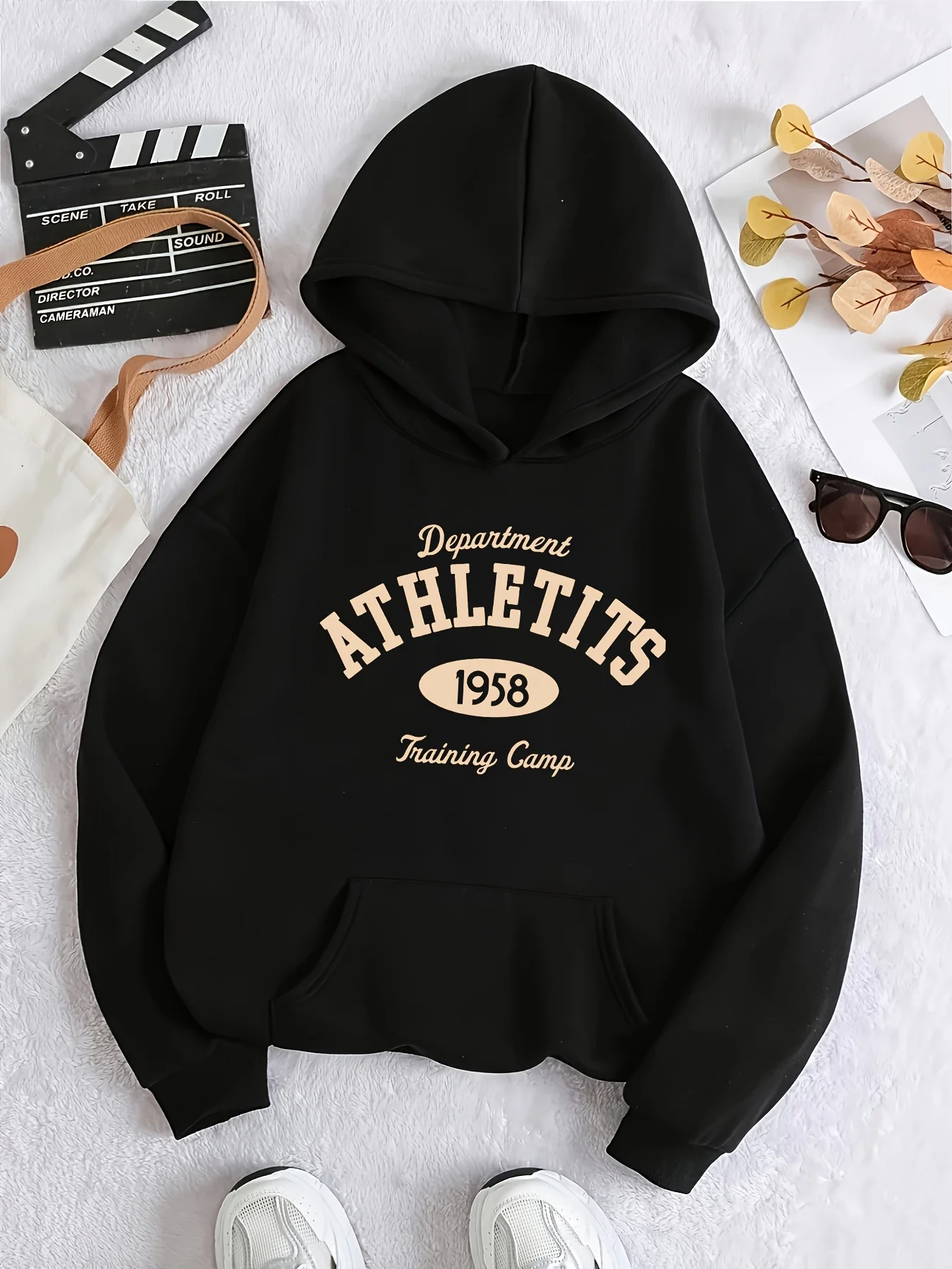 Women's Creative Trend ATHLETITS Letter Pattern Print Kangaroo Pocket Hoodies Warm Lining Hooded Sweatshirt Clothes Female Daily