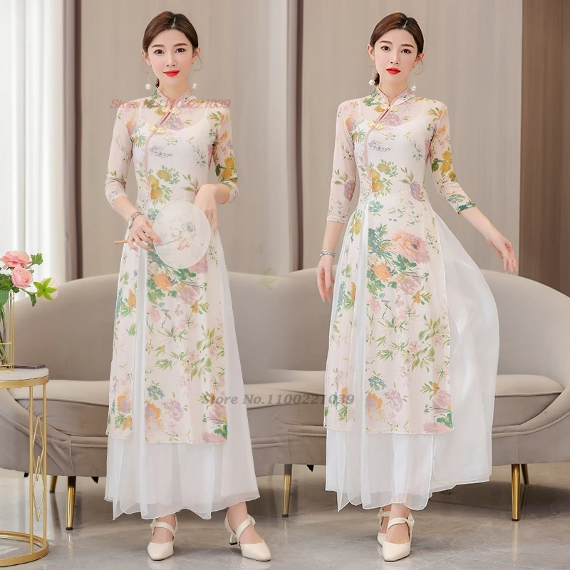 2025 chinese vintage dance dress national flower print mesh qipao dress+pants set oriental stage performance practice dress