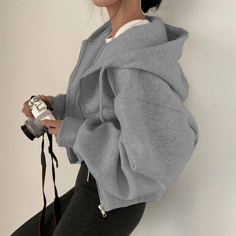 New Women Spring Autumn Zip-Up Hoodie Jacket Girls Lady Loose Casual Top Woman Solid Color Streetwear Shirt Teen Commuter Jacket