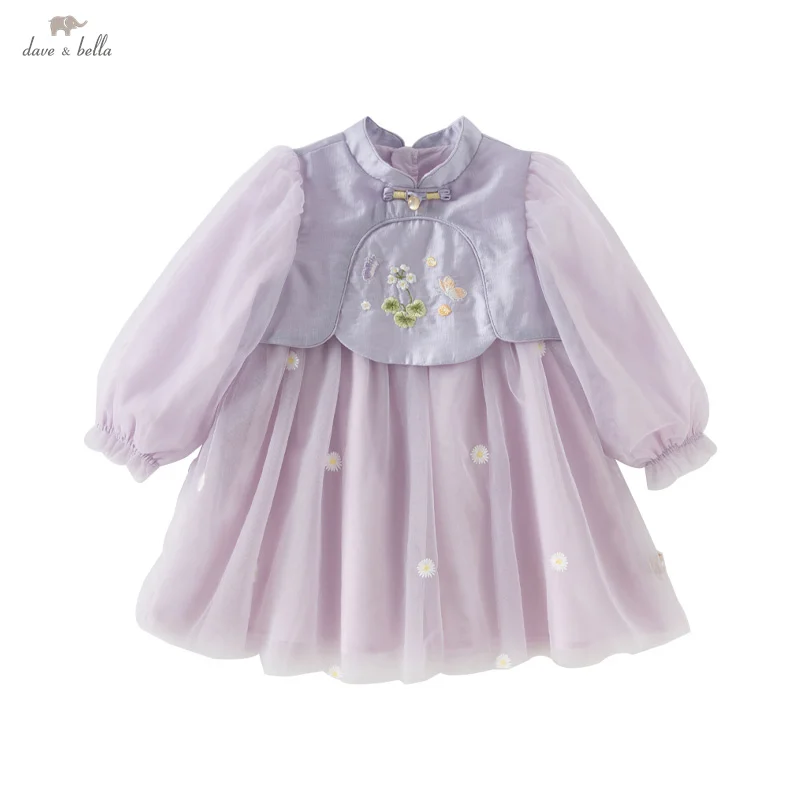 Dave Bella 2025 Spring Girls Baby Princess Dress Charm Cute Purple Mesh Embroidered Floral Party Gentle Outdoor DB1250548