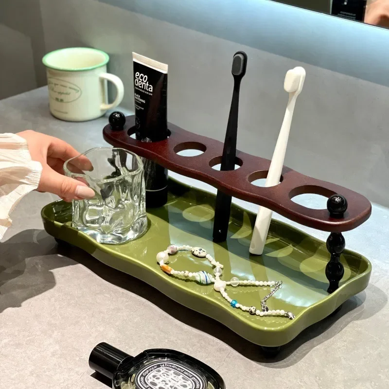 Vintage Style Mid-Century Modern Ceramic Toothbrush Holder, Color Block Design 2-Piece Set, Wall Mount Bathroom Vanity Organizer
