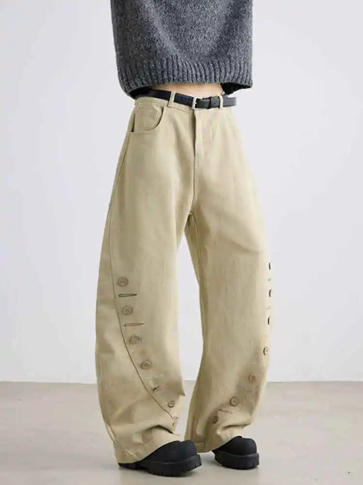 Women's Khaki Y2k Baggy Button Jeans Japanese 2000s Style Boyfriend Jean Pants Vintage Harajuku Oversize Denim Trousers Autumn