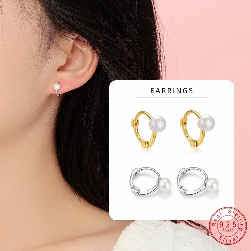 

925 Sterling Silver Geometric Circular Shell Pearl Earrings for Women Fashionable Simple Temperament Ear Jewelry