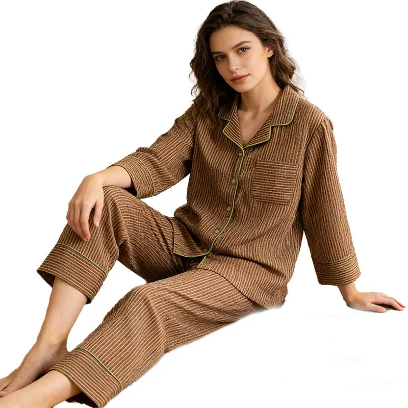 Women's 100% Cotton Striped Pajama Set Lapel Loose Button Down Sleepwear Long Sleeve Pants Pyjamas Suit Comfortable Home Wear
