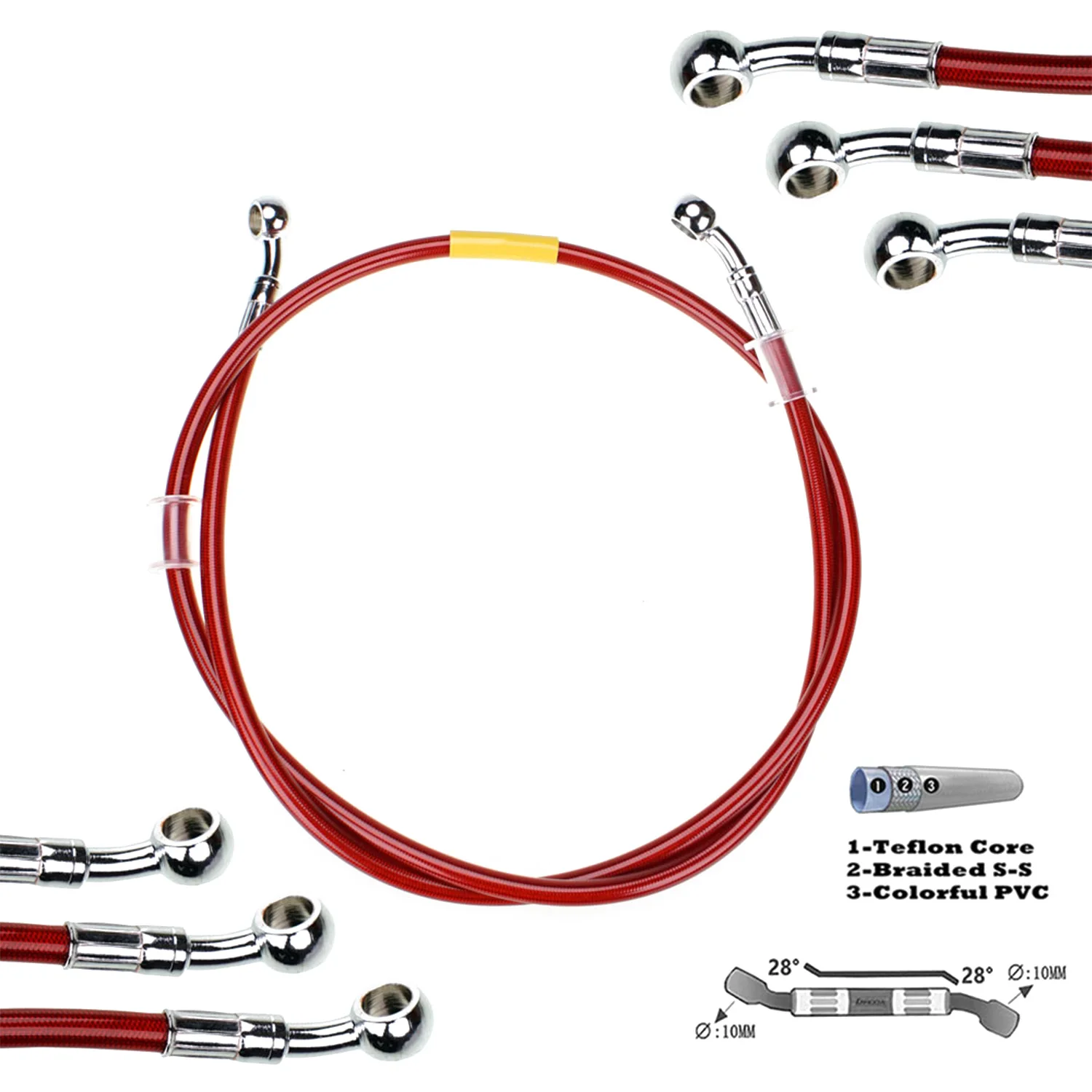 Red 400mm-2200mm Brake Hose Hydraulic DOT Line Cable 10mm 28° Banjo for Suzuki Kawasaki Yamaha Pipe Line Braided oil hose