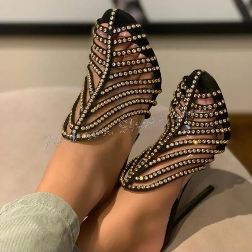 

Black Hollow Out Crystal Slippers Stilettos High Heels High Heel Shoes for Women Sexy Heels Party Shoes 2025 Zapatos Para Mujere