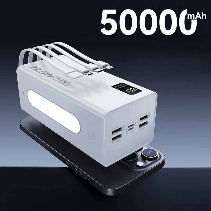 50000mAh 22.5W Super Fast Charging Power Bank with Built-in Cables & LED Display High Capacity Portable Charger for IPhone 15/14