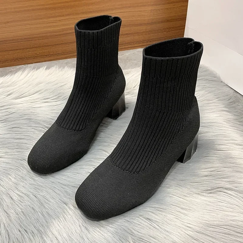 2024 Knitted Ankle Boots for Women Autumn Round-toe Thick Sole Slip on Casual Shoes Woman Light Non Slip Platform Botas Mujer