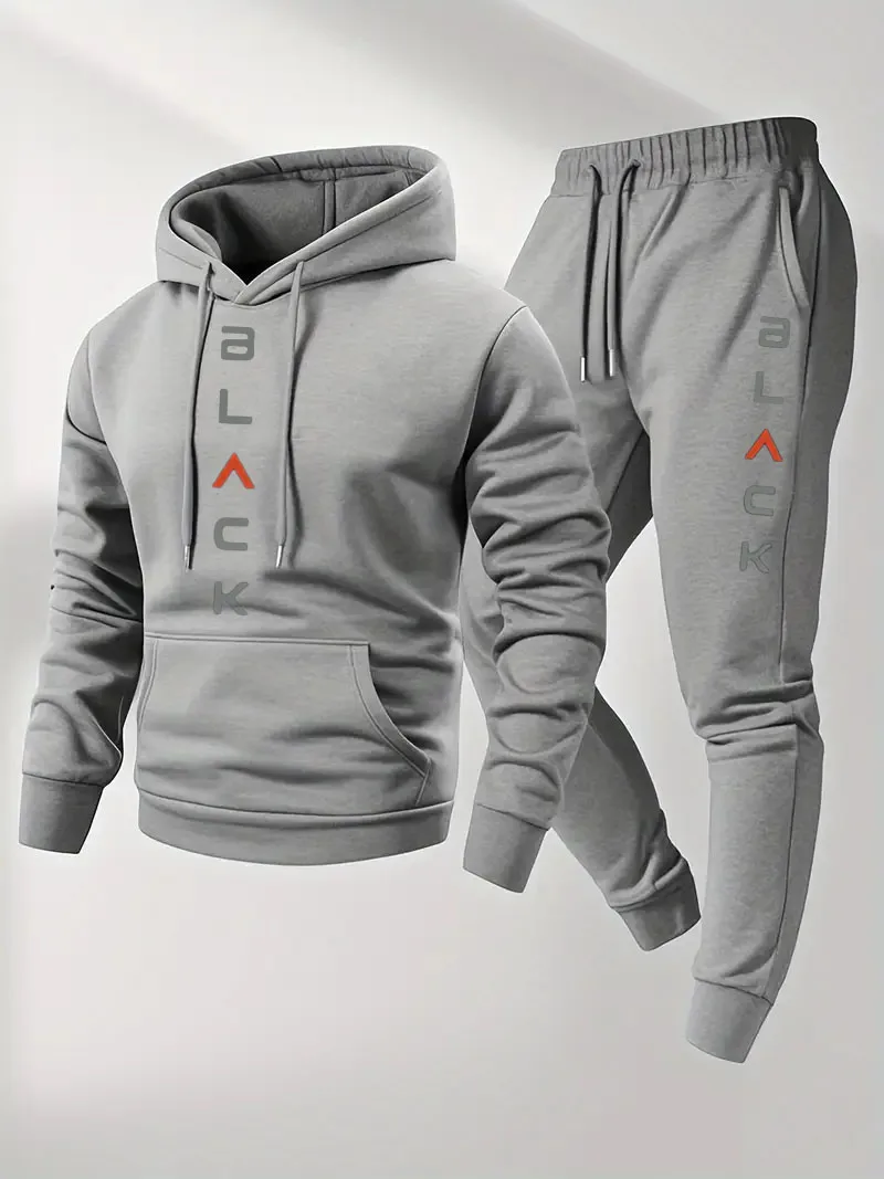 Vintage letter print, men's two-piece set, casual round neck long sleeved hooded sweatshirt and sweatpants set, suitable for win