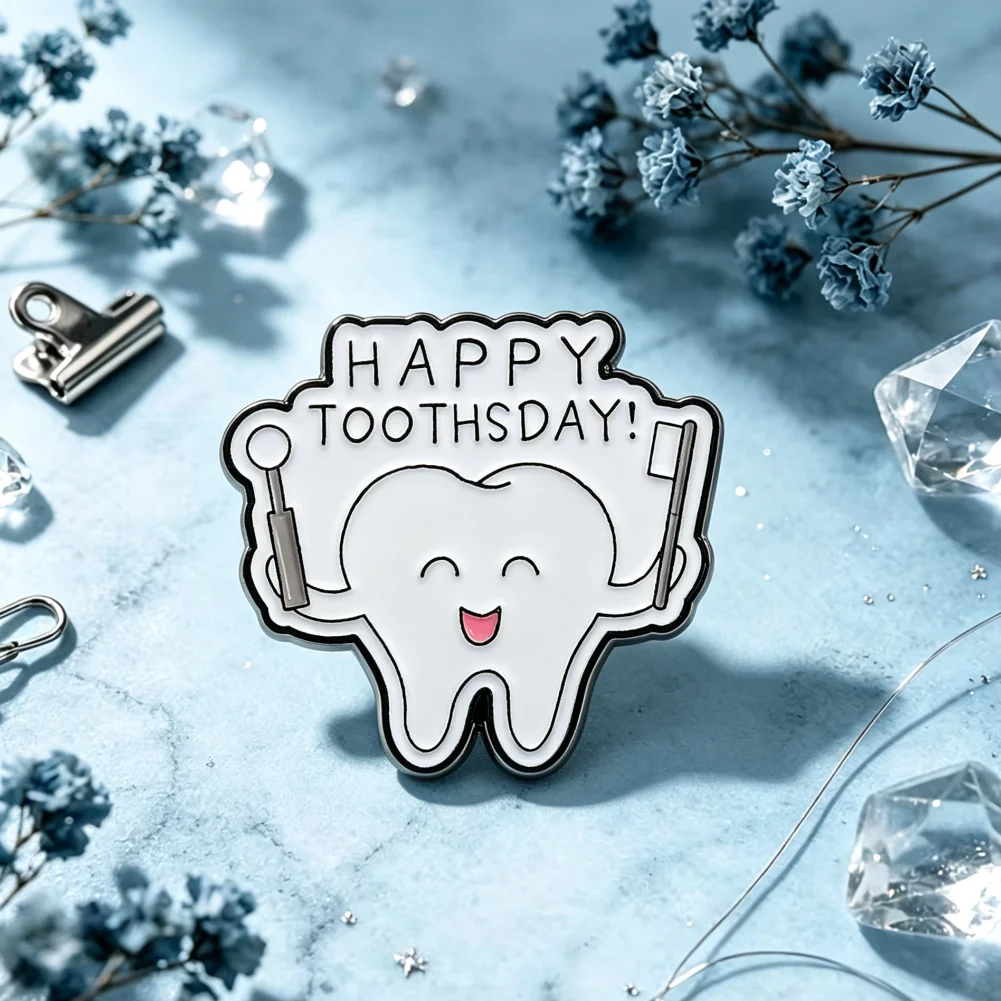 Happy Toothsday Cartoon Tooth Enamel Lapel Pin Smiling Molar With Dental Tools Cute Dentistry Metal Badge Dentist Backpack Gift