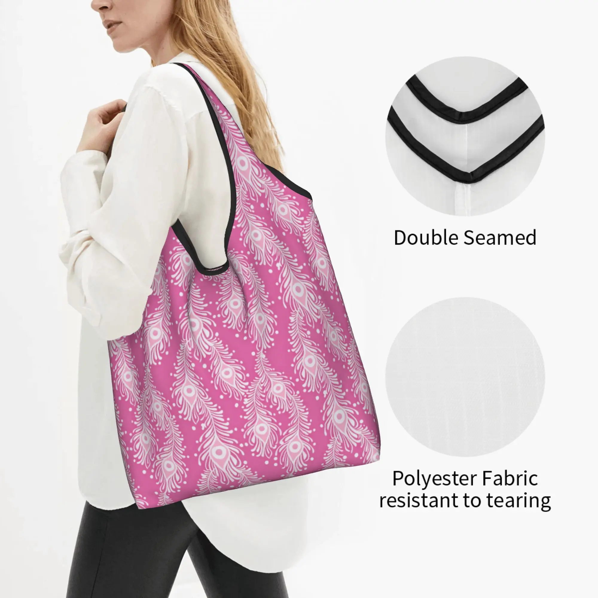 Fashion Print Peacock Feathers Seamless Pattern Shopping Tote Bag Portable Shoulder Shopper  Handbag