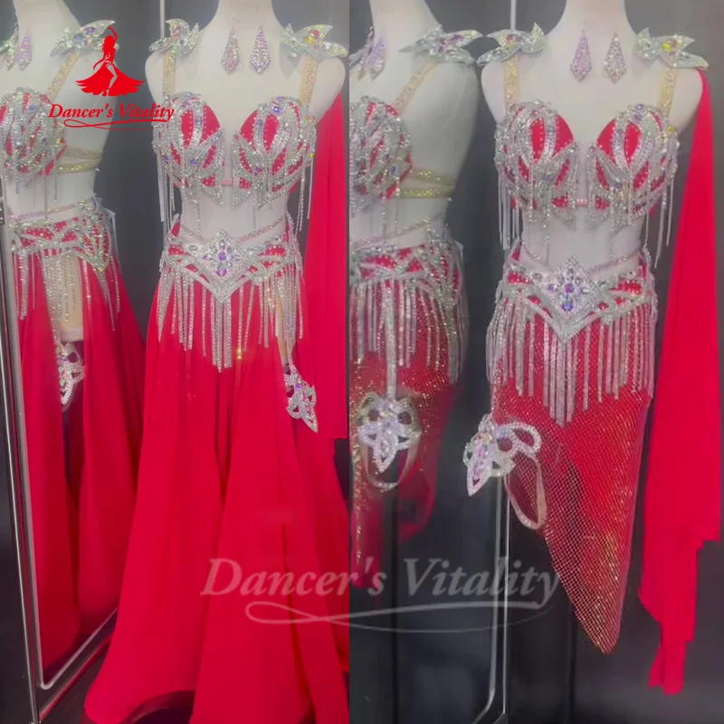 

Костюм танцовщицы живота, женский костюм высокого класса на заказ, роскошный комплект для выступлений с кисточками и камнями AB, наряд для соревнований по восточному танцам