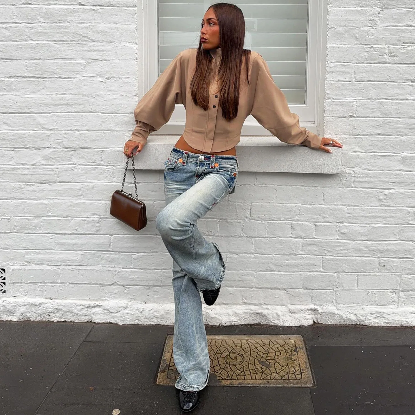 Women Stand Collar Diagonal Button Cropped Jacket Long Sleeve Slim Fit Solid Color Crop Top 2026 New Autumn Streetwear