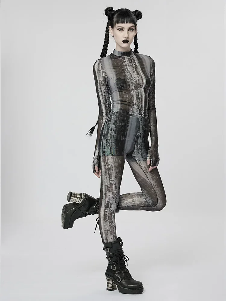 Punk Rave Dames De Post-Apocalyptische Print Techwear Strakke Mesh Leggings Persoonlijkheidsbroek Dames 2 Kleuren