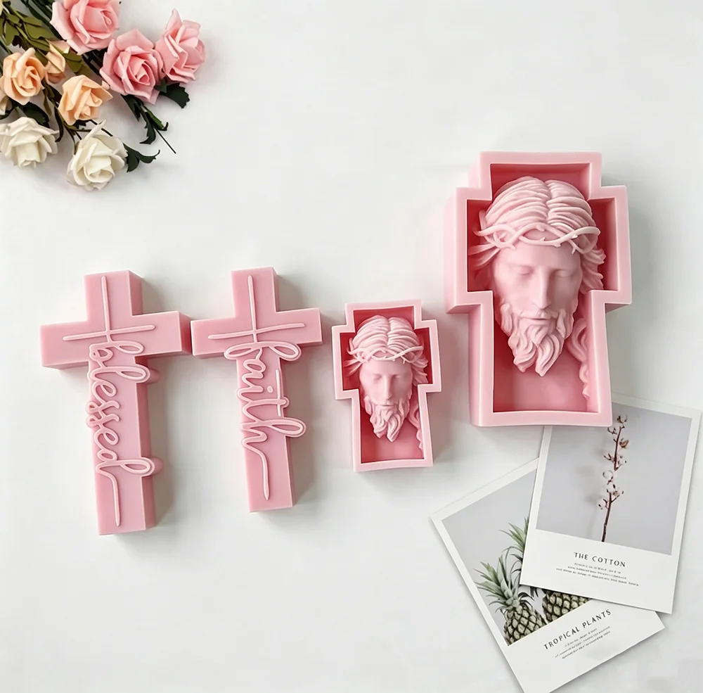 Portrait Face Silicone Mold Jesus Sculpture Cross Aroma Candle Resin Plaster Ornament Mold Home Decor Crafts Making Mould