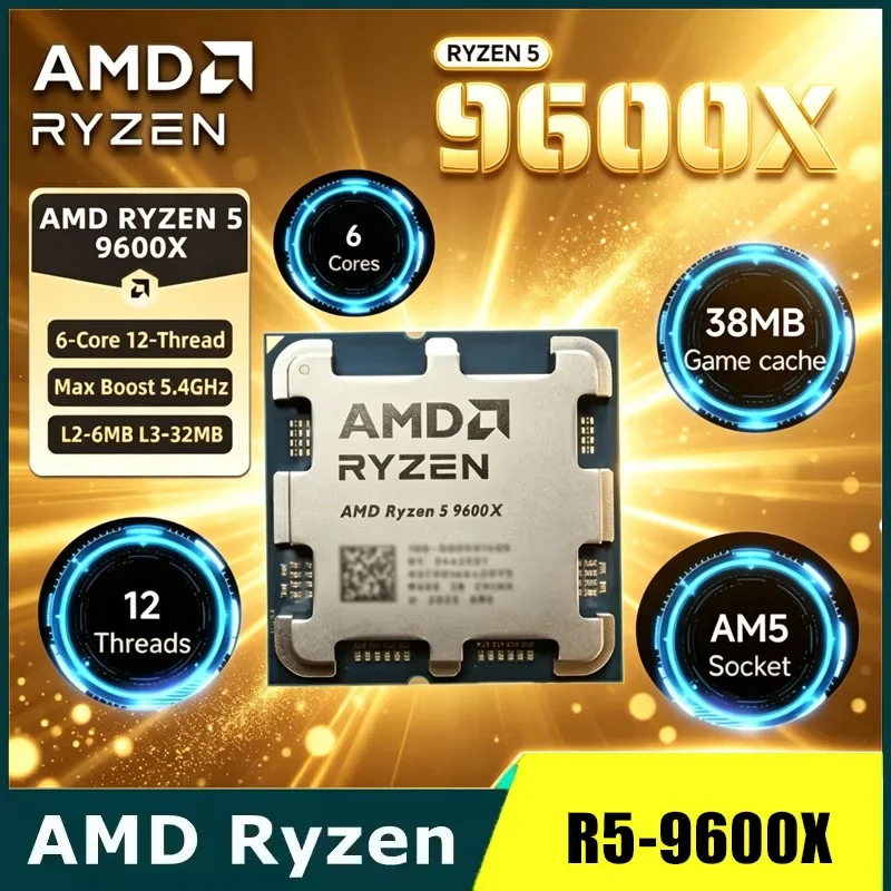 

AMD Ryzen 5 9600X 6-Core 12-Thread CPU 5.4GHz 32MB L3 Cache 4NM 65W AM5 Socket DDR5 Desktop Processor, No Cooler