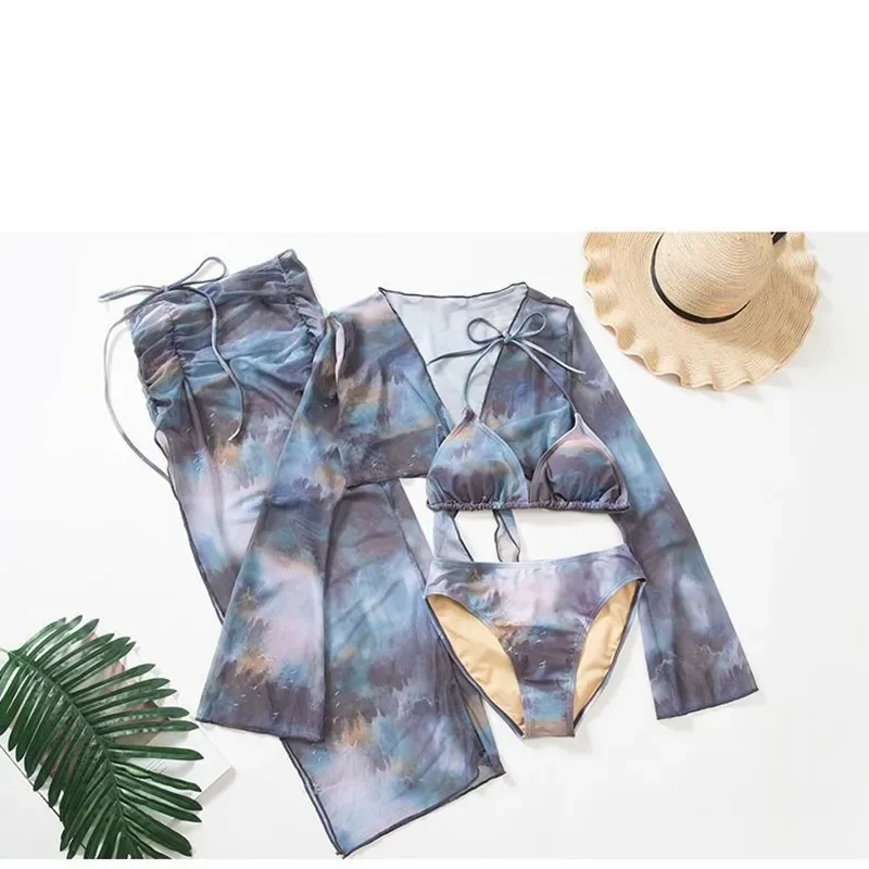 Sexy Korean Fashion Tie Dye Print Swimsuit 4pcs Autumn Long Flare Sleeve Cover Top with Long Split Skirt Bikinis Padded Swimwear