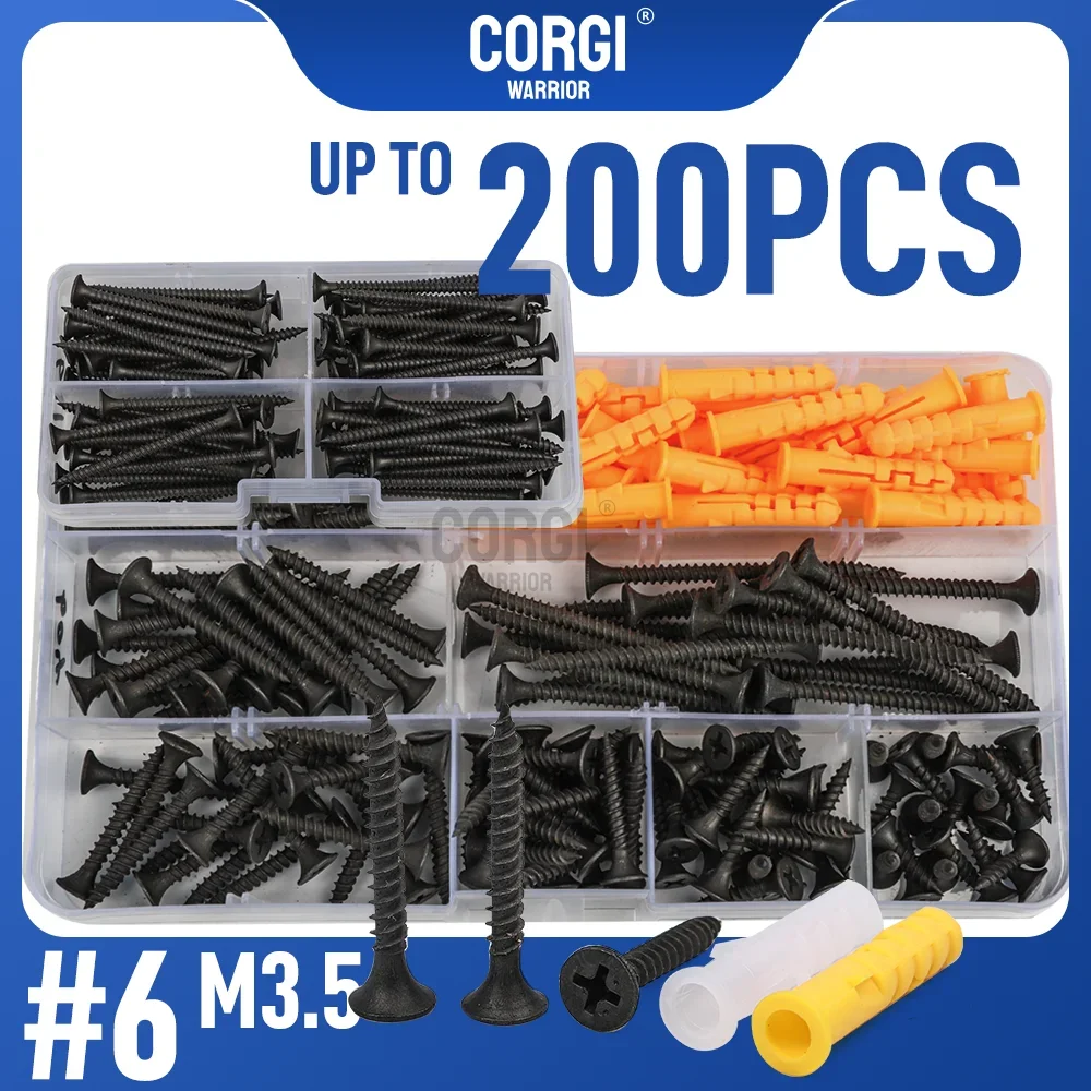 Up to 200 Drywall Screws Assortment Kit High Hardness #6 Self-Tapping Phillips Carbon Steel Black Wood Screws Set Length 16-50mm