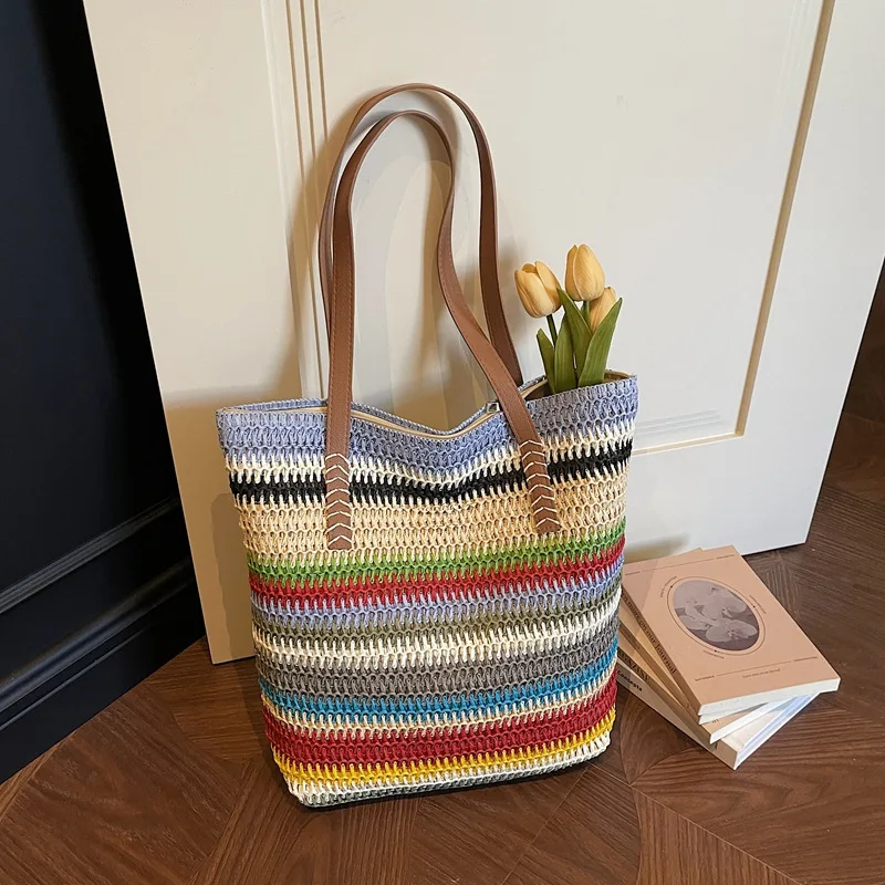 

Новая женская сумка-тоут из соломки с радужными полосками, большая вместительная повседневная и простая сумка через плечо в пляжном стиле для отпуска, городская сумка-тоут