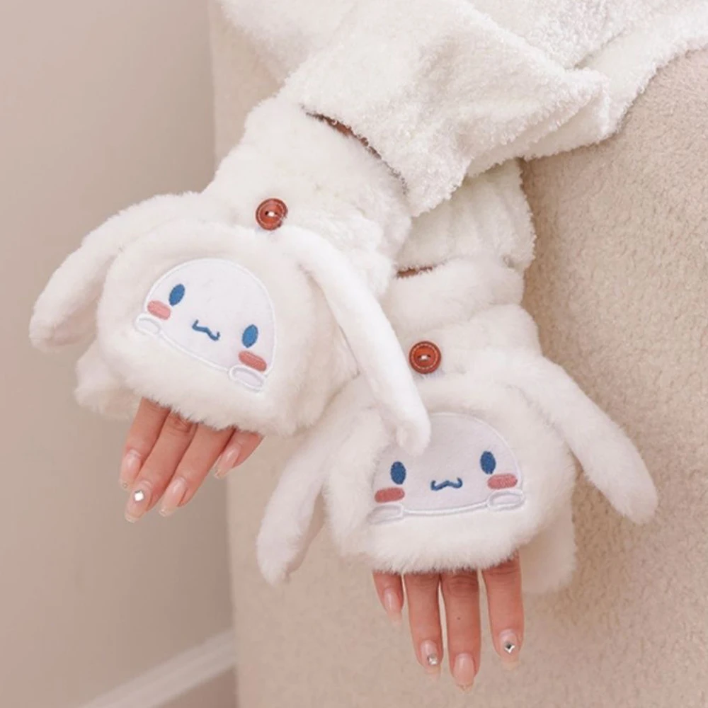 Kawaii Cinnamoroll Pluche Flip Handschoenen Sanrios Hello Kitty Winter Warm Cartoon Cartoon Half Vinger Zacht Dikker Meisje Student Gift